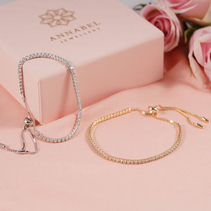 Silver and gold adjustable tennis bracelets with pave stones