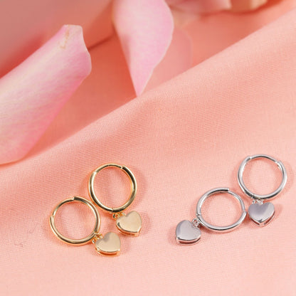 Heart huggie earrings set: gold and silver round hoops with heart charms
