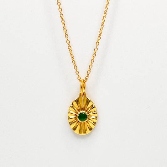 Gold vermeil sunray pendant necklace with round turquoise center; gold burst design