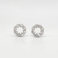 Circle moissanite stud earrings with round crystal stones, silver-tone settings