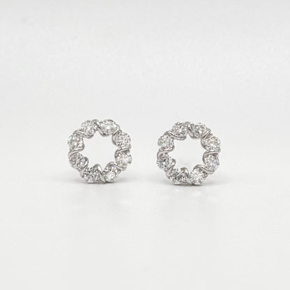 Circle moissanite stud earrings with round crystal stones, silver-tone settings