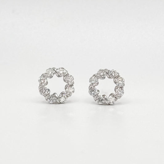 Circle moissanite stud earrings with round clear stones, silver-tone circular halo