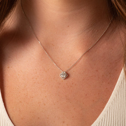 Lab-grown moissanite necklace with square pendant at center on fine chain