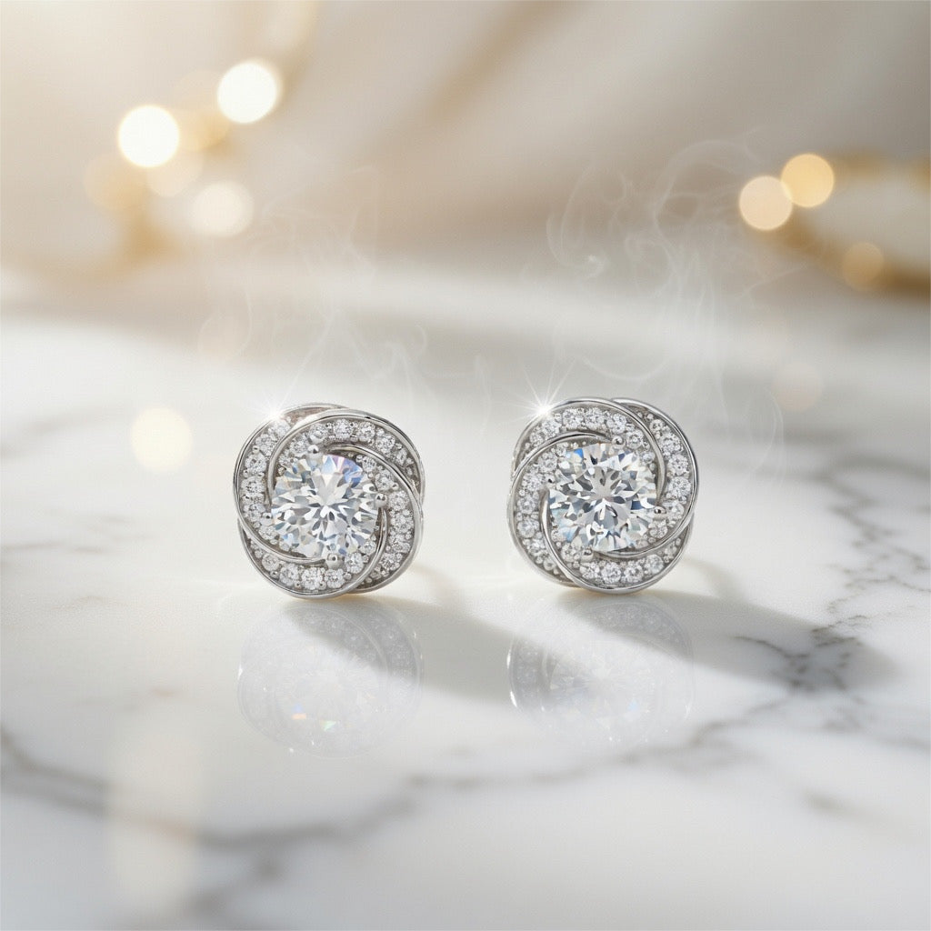 Silver halo moissanite stud earrings in love-knot setting