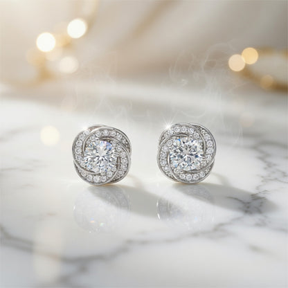 Silver halo moissanite stud earrings in love-knot setting