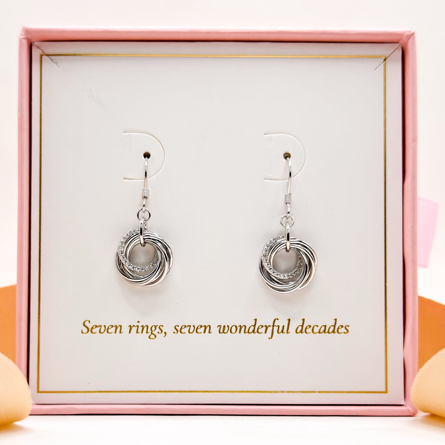 Silver 70th birthday drop earrings with layered hoop ring charms