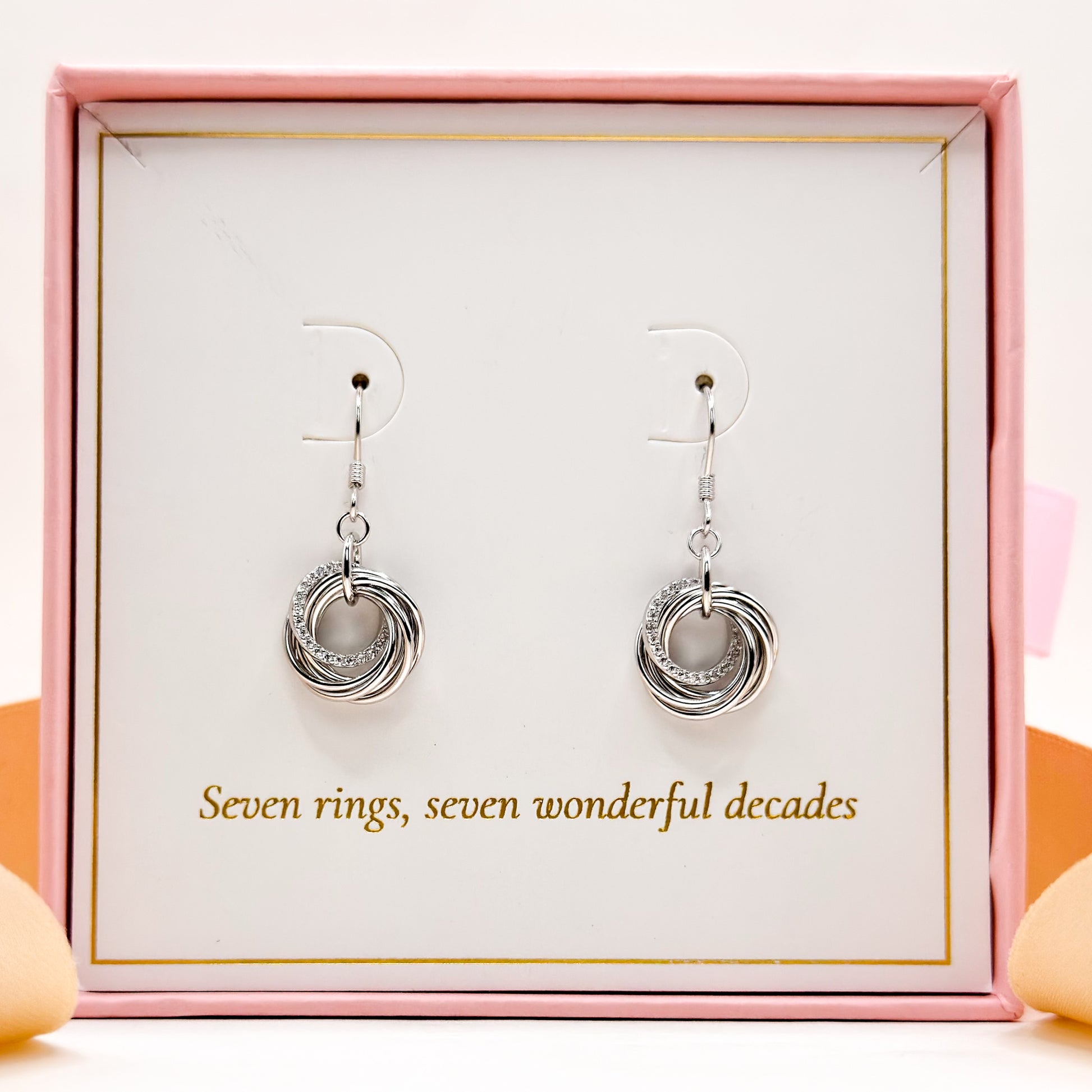 Silver 70th birthday drop earrings with layered hoop ring charms