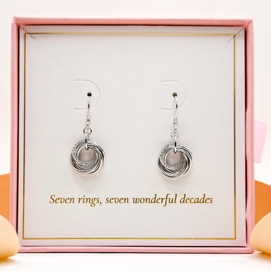 Silver 70th birthday drop earrings with layered hoop ring charms