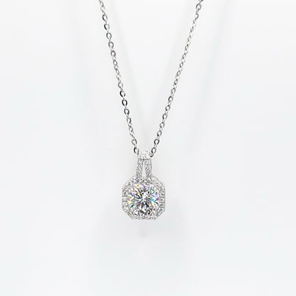 Silver moissanite pendant necklace with round halo solitaire setting on chain
