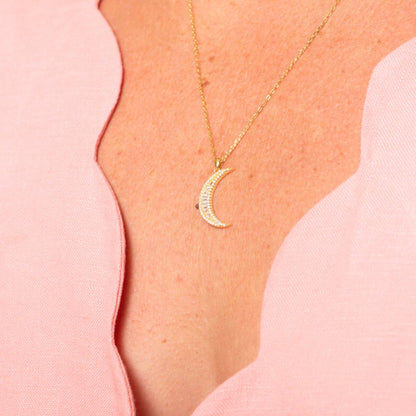 Crescent moon pendant necklace with pavé stones, gold tone on chain