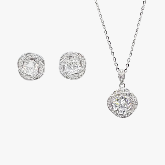 Sterling silver love-knot moissanite necklace and round stud earrings set