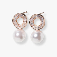 Rose gold round crystal hoop earrings with white pearl drop, stud-back style