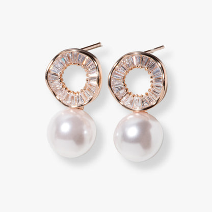 Rose gold round crystal hoop earrings with white pearl drop, stud-back style