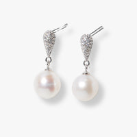 Silver teardrop pave setting with round pearl drop earrings