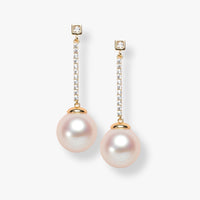 Long pearl drop earrings with gold-tone pavé links and round pink pearls