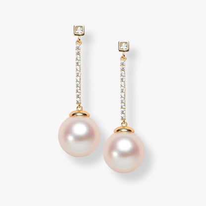 Long pearl drop earrings with gold-tone pavé links and round pink pearls