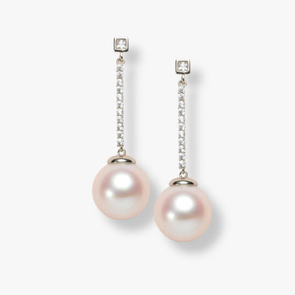 Long pearl drop earrings with crystal top squares, pavé chain, and pink pearl drops