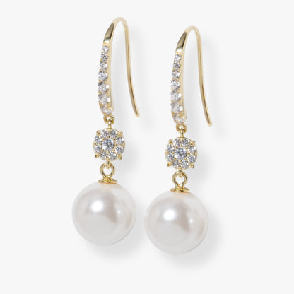 Gold pearl and diamante drop earrings with round sparkling caps and pearl drops