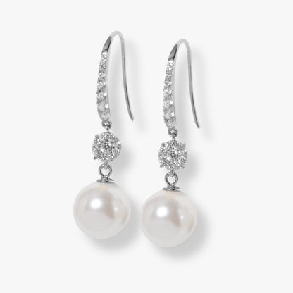 Silver pearl and diamante drop earrings with textured round stud and large pearl