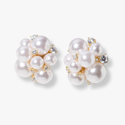Gold pearl cluster stud earrings with small crystal accents