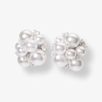Silver pearl cluster stud earrings with crystal accents