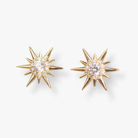 Gold starburst stud earrings with central crystal and pointed sunburst spikes