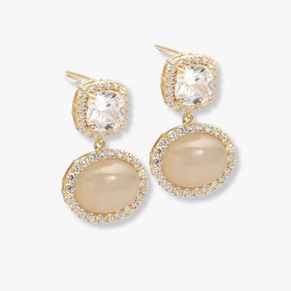 Gold-tone gemstone drop earrings with square clear stones and oval white cabochons