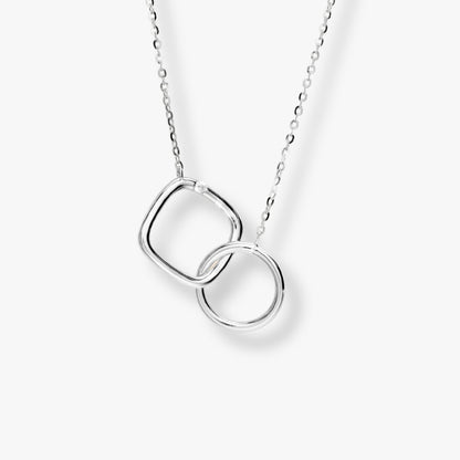 Silver infinity circle and square necklace with linked pendant on chain