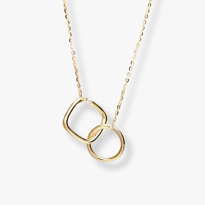Gold infinity circle and square necklace with linked circle and square pendant