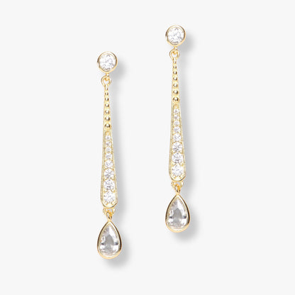 Gold CZ drop earrings with teardrop stones and dangling drop charms