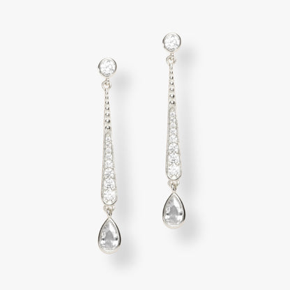 Silver CZ drop earrings with teardrop stones and dangling drop charms