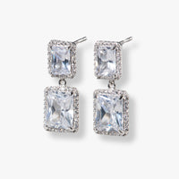 Sterling silver rectangular drop jewel earrings with two clear square stones