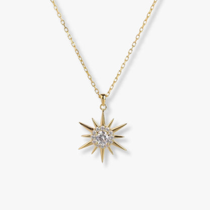 Gold starburst pendant necklace with round crystal centerpiece and spiky rays