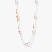 Gold-tone CZ baguette necklace with pink rectangular stones, Y-drop linked design