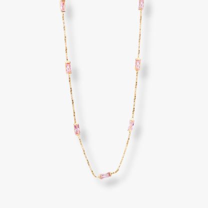 Gold-tone CZ baguette necklace with pink rectangular stones, Y-drop linked design