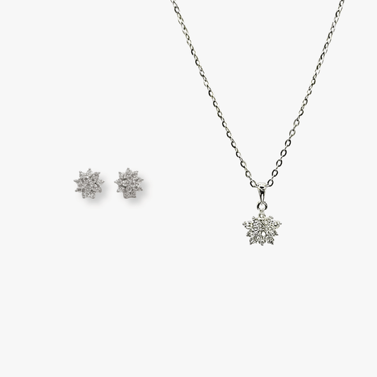 Silver dainty snowflake necklace and matching stud earrings set
