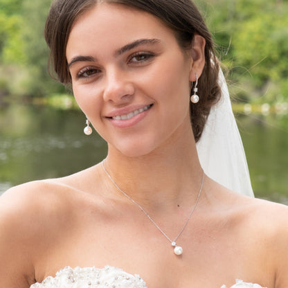 Pearl and diamante necklace with teardrop pearl pendant and small stone detail, silver-tone