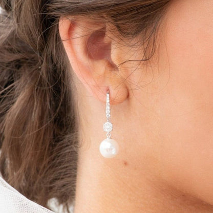 Silver diamante drop earring with textured cluster and white pearl on hook