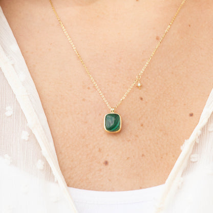 Malachite stone necklace with small star charm and square green pendant
