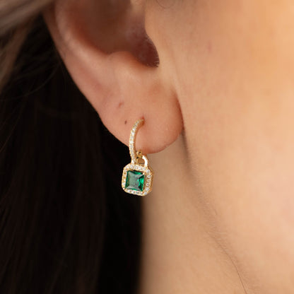 Gold-tone CZ stud drop earrings with square green stone and pavé hoop