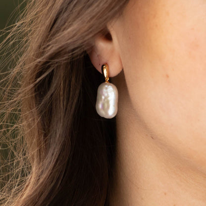 Freshwater pearl statement earrings, gold-tone hoops with white baroque pearl drops