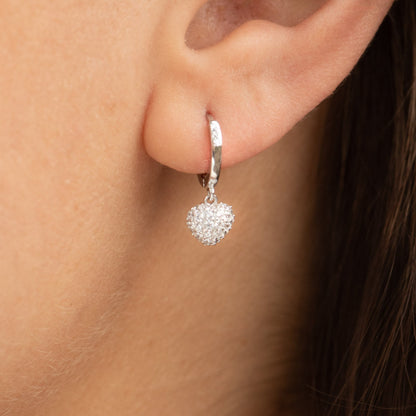 Silver small heart charm huggy hoop earrings with pavé heart dangle