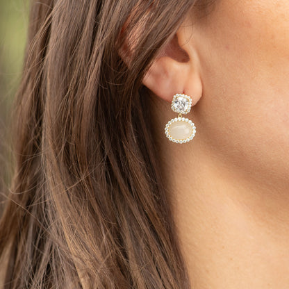 Gold-tone gemstone drop earrings, square clear studs with oval white cabochon dangles