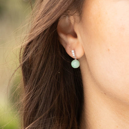 Turquoise jade bead dangle earrings with silver-tone clear-stone accents