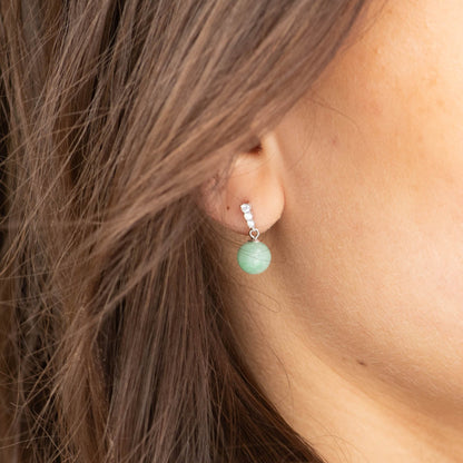 Turquoise jade dangle earrings in silver-tone with small clear-stone top