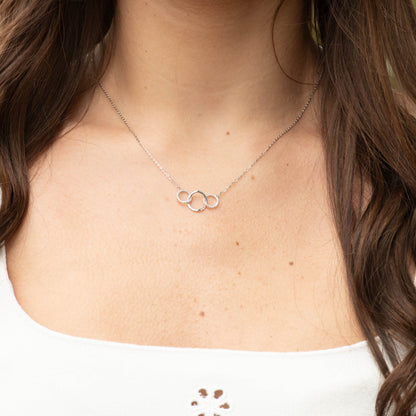 Silver 3-ring 30th birthday necklace with three interlocking ring charms on chain
