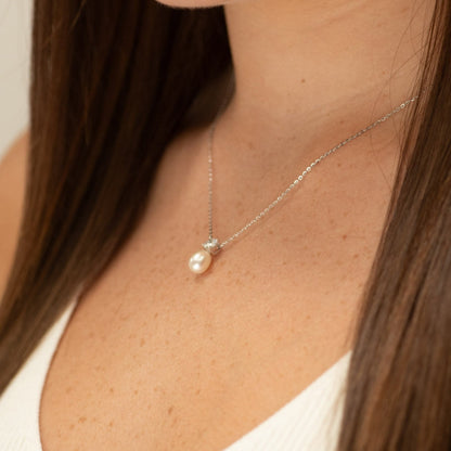 Freshwater pearl necklace with silver chain and teardrop pearl pendant with crystal accents