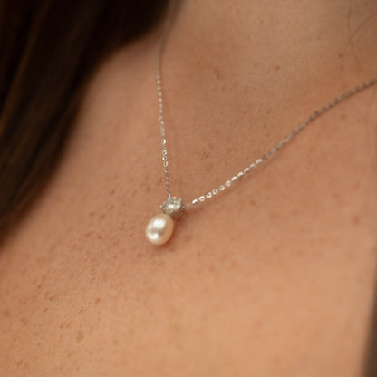 Freshwater pearl necklace with silver chain, small crystal cluster, teardrop pearl pendant