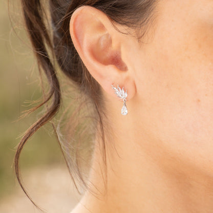 Silver CZ drop earrings with leaf cluster top and pear-shaped crystal dangle