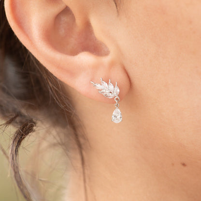 Silver CZ drop earrings with leaf cluster studs and pear crystal dangle